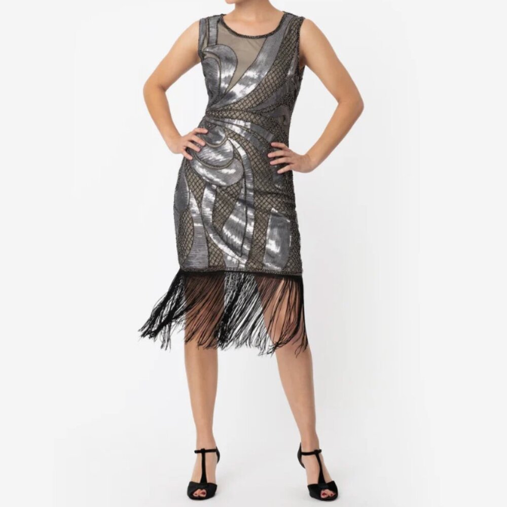 Unique Vintage 1920s Annecy Flapper Dress – Beige, Silver & Black Size L (10–12) - Picture 4 of 9